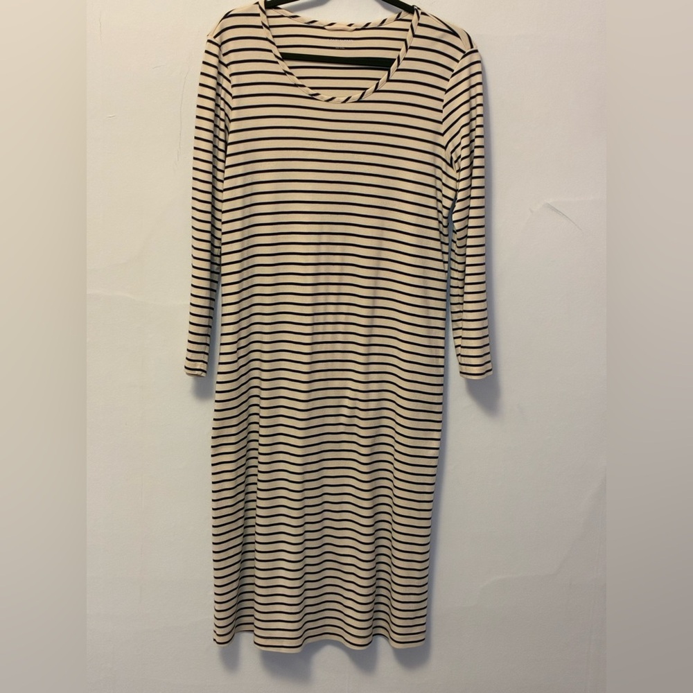 Lands End Striped Long-Sleeve Midi Dress - Cream & Black Medium